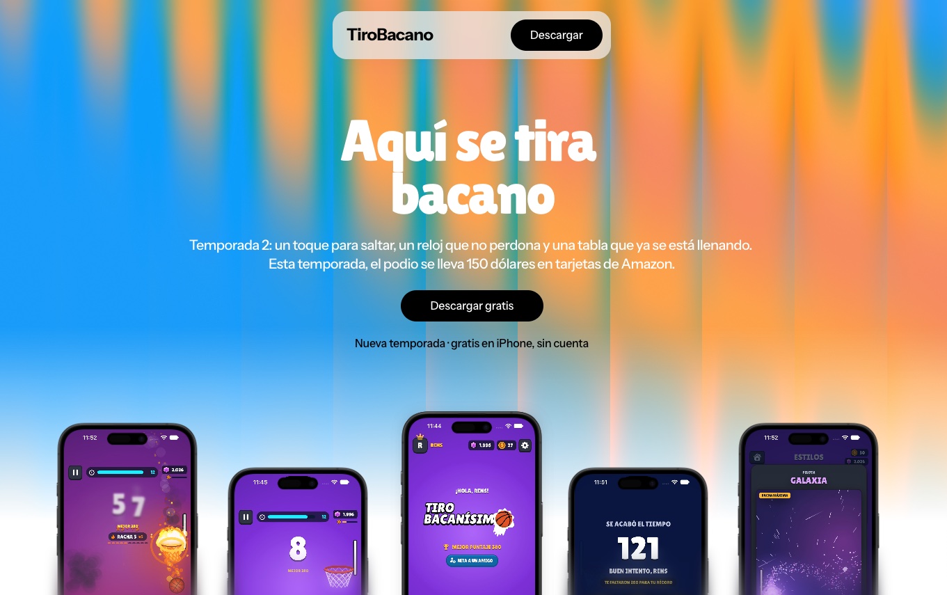 Sitio web de TiroBacano con pantallas del juego en varios iPhone